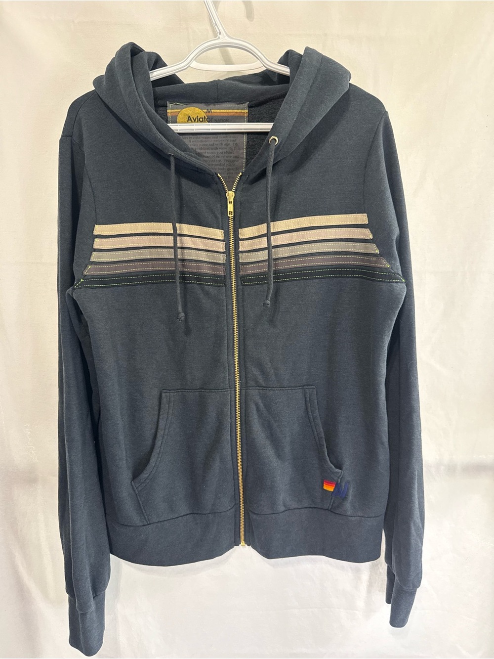 NWT Aviator Nation Navy Zip Hoodie with Cream Stripe Accents - Size M